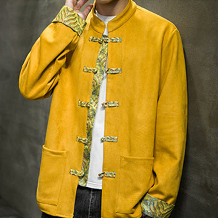 Buddha Stones Fall Waves Frog-Button Long Sleeve Men's Suede Cotton Jacket With Pockets - image 2