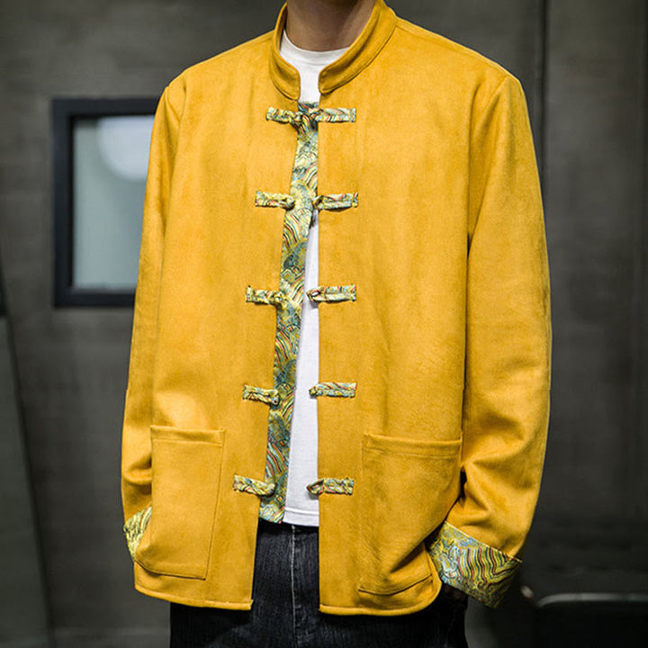 Buddha Stones Fall Waves Frog-Button Long Sleeve Men's Suede Cotton Jacket With Pockets - image 5