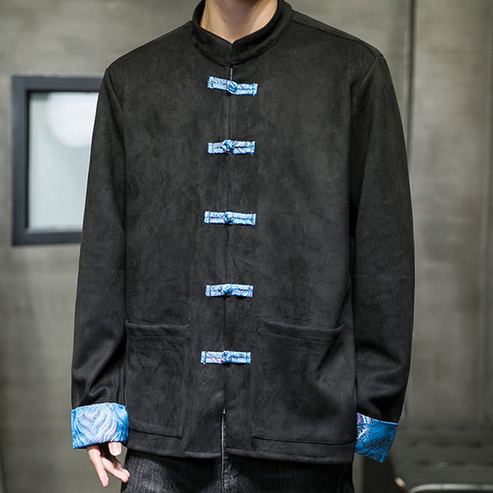 Buddha Stones Fall Waves Frog-Button Long Sleeve Men's Suede Cotton Jacket With Pockets - image 23