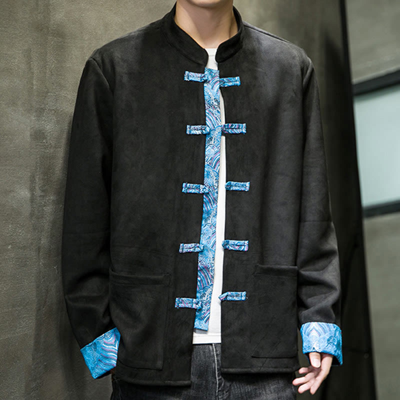 Buddha Stones Fall Waves Frog-Button Long Sleeve Men's Suede Cotton Jacket With Pockets - image 22