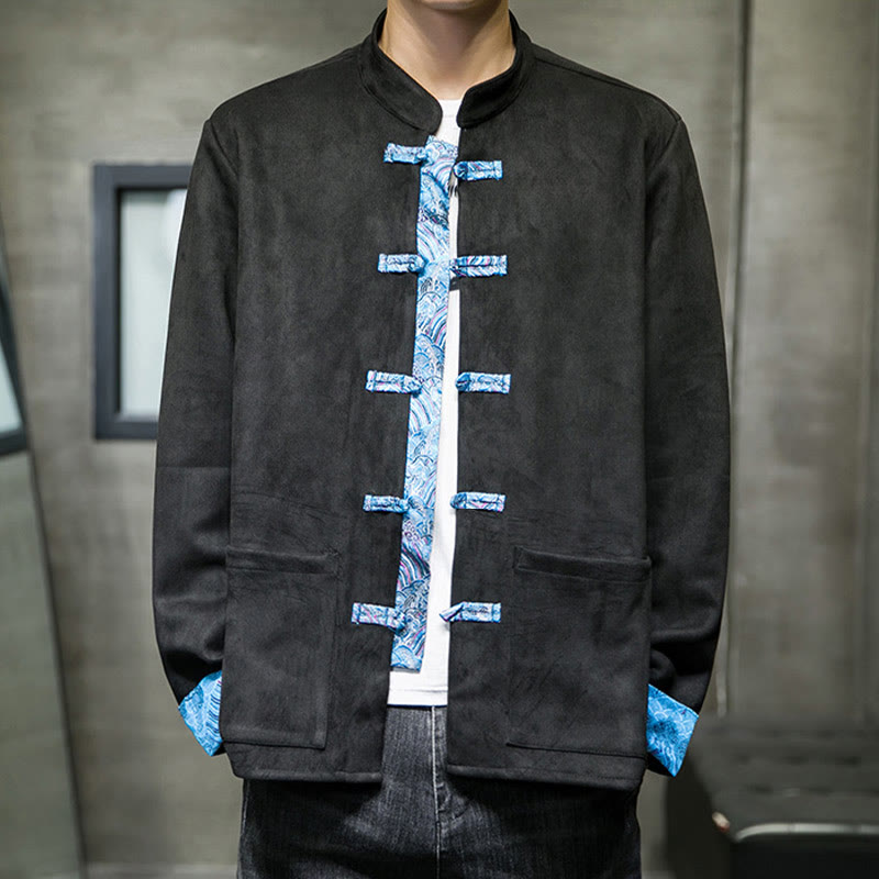 Buddha Stones Fall Waves Frog-Button Long Sleeve Men's Suede Cotton Jacket With Pockets - image 21