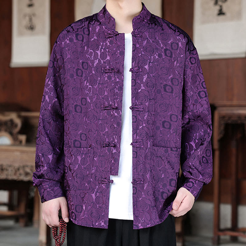 Buddha Stones Fall Flower Leaves Jacquard Frog-Button Long Sleeve Men's Jacket With Pockets - image 20