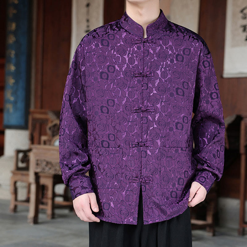 Buddha Stones Fall Flower Leaves Jacquard Frog-Button Long Sleeve Men's Jacket With Pockets - image 22