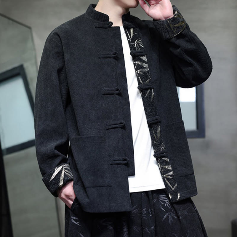 Buddha Stones Fall Bamboo Frog-Button Long Sleeve Men's Corduroy Cotton Jacket With Pockets - image 7