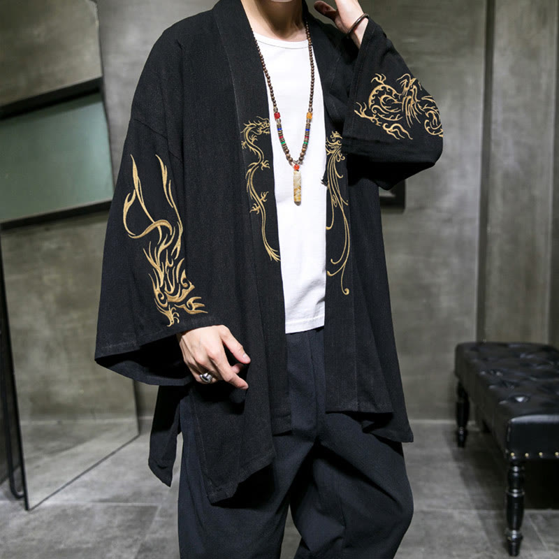 Buddha Stones Dragon Phoenix Open Front Long Sleeve Jacket Men's Cotton Kimono - Black - US/UK/AU46，EU56 (5XL) - image 0