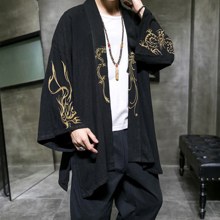 Buddha Stones Dragon Phoenix Open Front Long Sleeve Jacket Men's Cotton Kimono - Black - US/UK/AU46，EU56 (5XL) - image 0