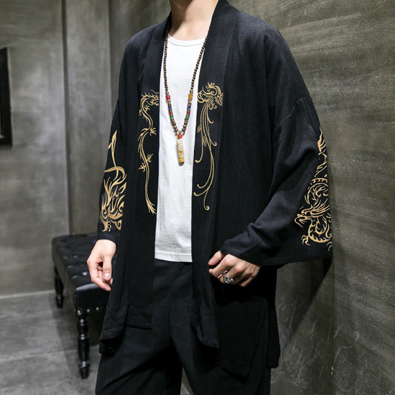 Buddha Stones Dragon Phoenix Open Front Long Sleeve Jacket Men's Cotton Kimono - image 3