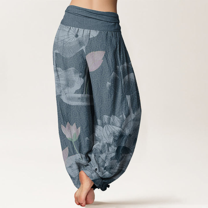 Buddha Stones Pink And White Lotus Women's Elastic Waist Harem Pants - image 6