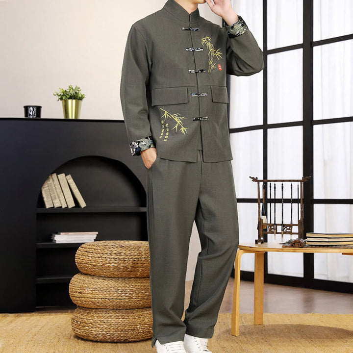 Buddha Stones 2Pcs Tang Suit Bamboo Frog-Button Men's Long Sleeve Shirt Pants Clothing Set - image 17