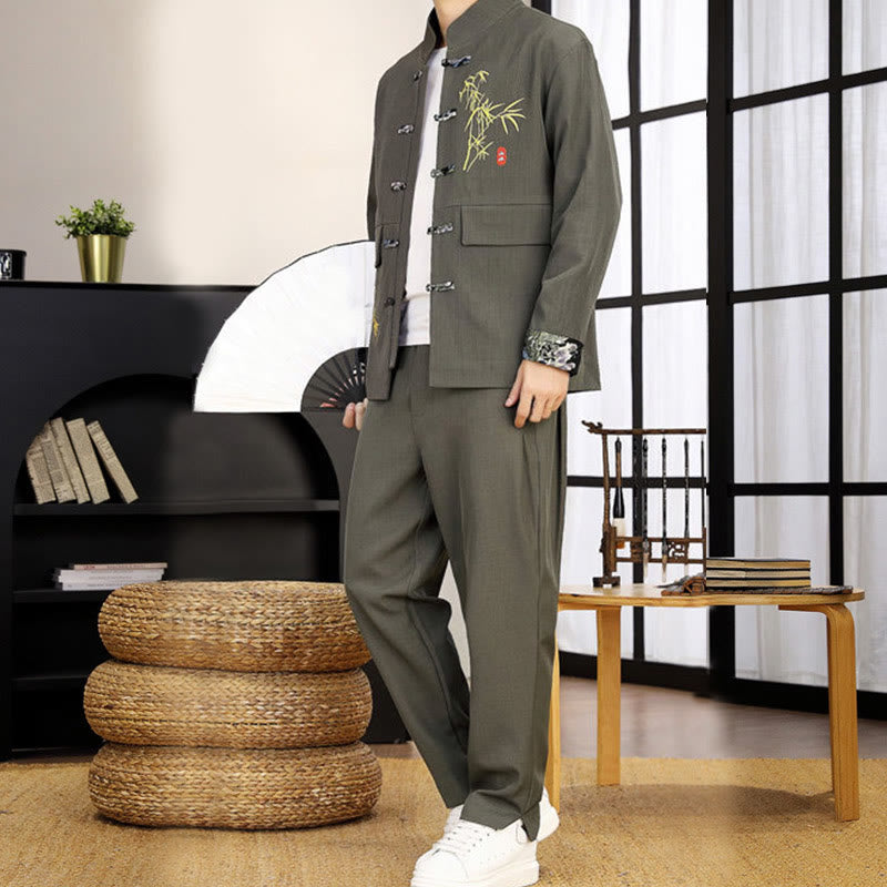 Buddha Stones 2Pcs Tang Suit Bamboo Frog-Button Men's Long Sleeve Shirt Pants Clothing Set - image 16