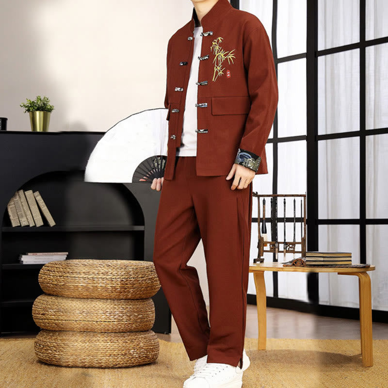 Buddha Stones 2Pcs Tang Suit Bamboo Frog-Button Men's Long Sleeve Shirt Pants Clothing Set - image 25