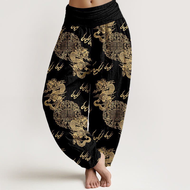 Buddha Stones Pure Cotton Double Dragon Cloud Pattern Women's Elastic Waist Harem Pants - Black - US16，UK/AU20，EU48 (3XL) - image 0