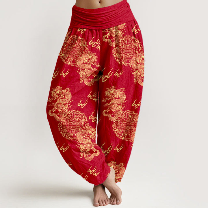 Buddha Stones Pure Cotton Double Dragon Cloud Pattern Women's Elastic Waist Harem Pants - FireBrick - US16，UK/AU20，EU48 (3XL) - image 8