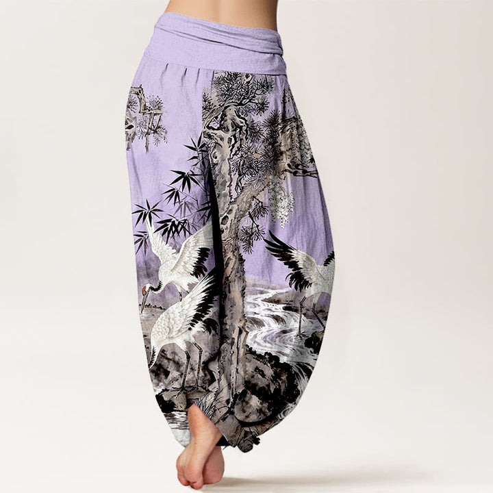 Buddha Stones Pure Cotton Red-crowned Crane Stream Pattern Women's Elastic Waist Harem Pants - image 9