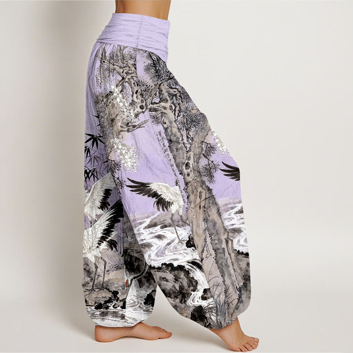 Buddha Stones Pure Cotton Red-crowned Crane Stream Pattern Women's Elastic Waist Harem Pants - image 10