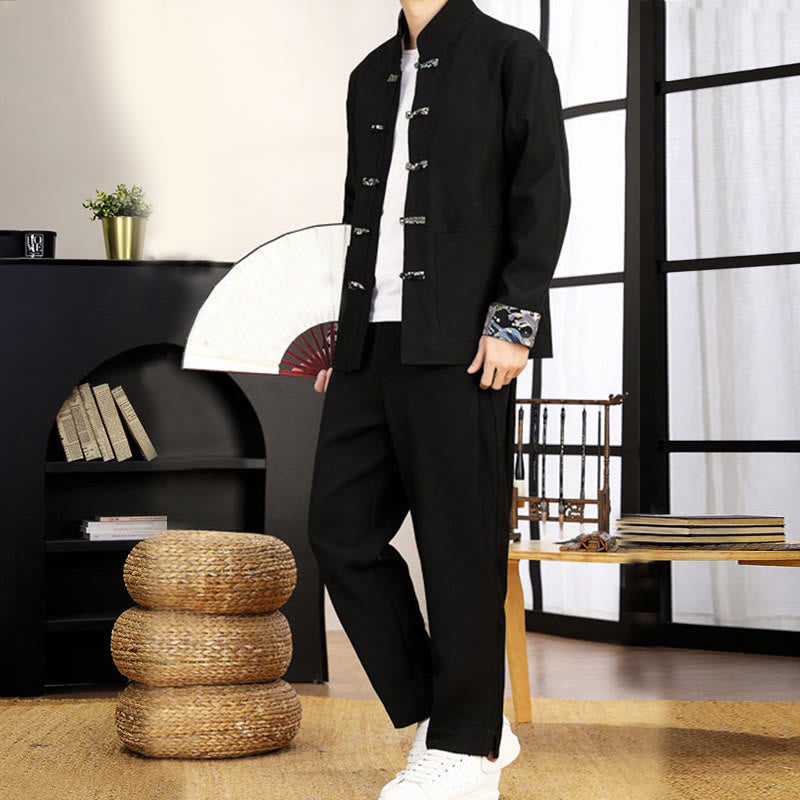 Buddha Stones 2Pcs Tang Suit Frog-Button Men's Waves Long Sleeve Shirt Pants Clothing Set - image 12