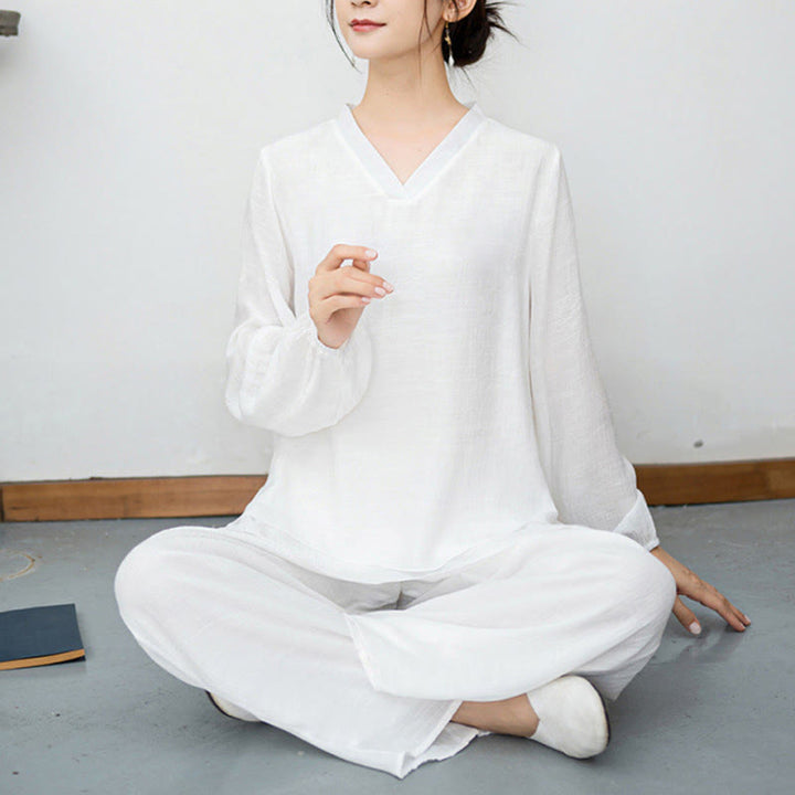 Buddha Stones 2Pcs White Long Sleeve V-Neck Shirt Wide Leg Pants Meditation Women's Set - image 9
