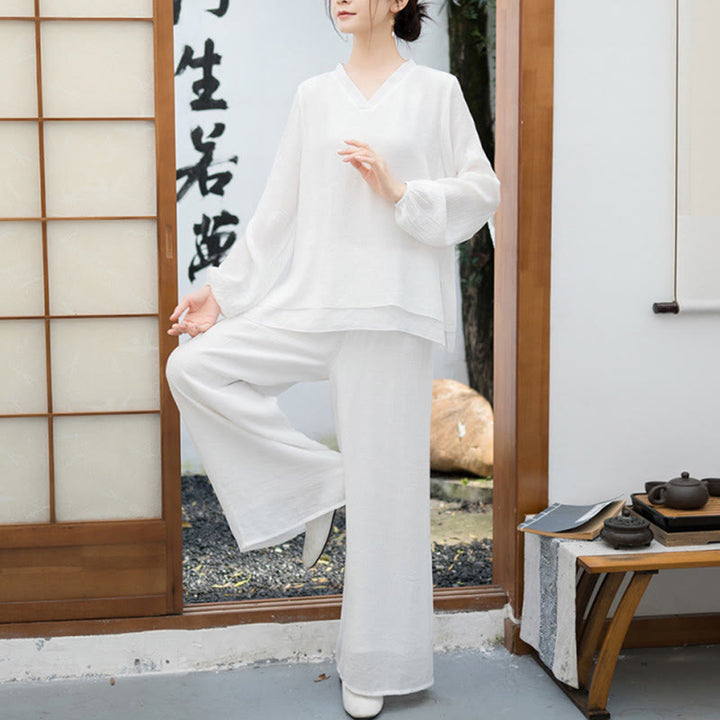 Buddha Stones 2Pcs White Long Sleeve V-Neck Shirt Wide Leg Pants Meditation Women's Set - White - US8-10，UK/AU12-14，EU40-42 (2XL) - image 0