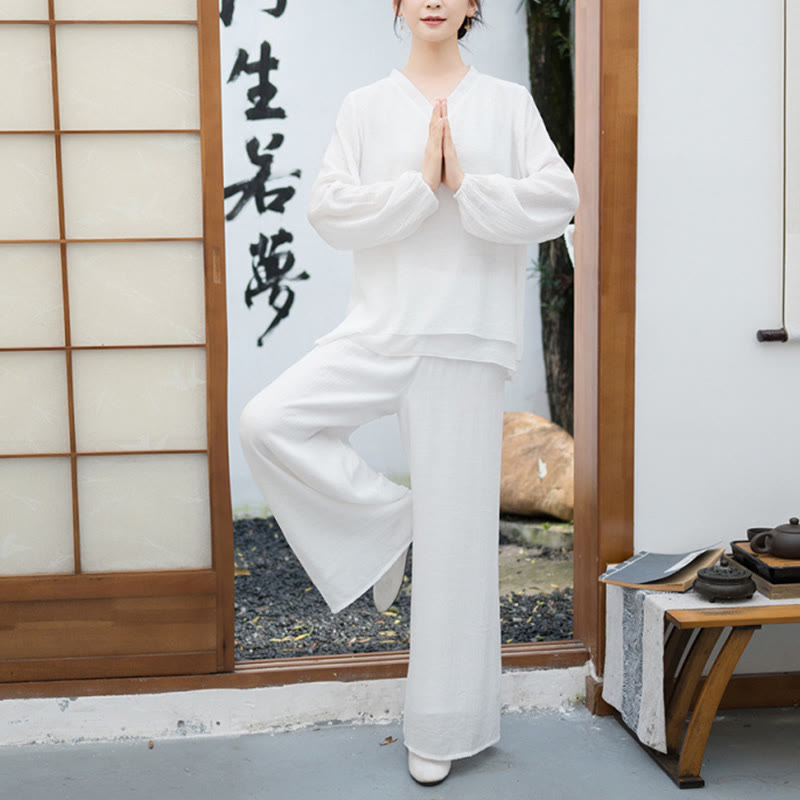 Buddha Stones 2Pcs White Long Sleeve V-Neck Shirt Wide Leg Pants Meditation Women's Set - image 1