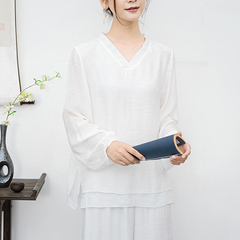 Buddha Stones 2Pcs White Long Sleeve V-Neck Shirt Wide Leg Pants Meditation Women's Set - image 7