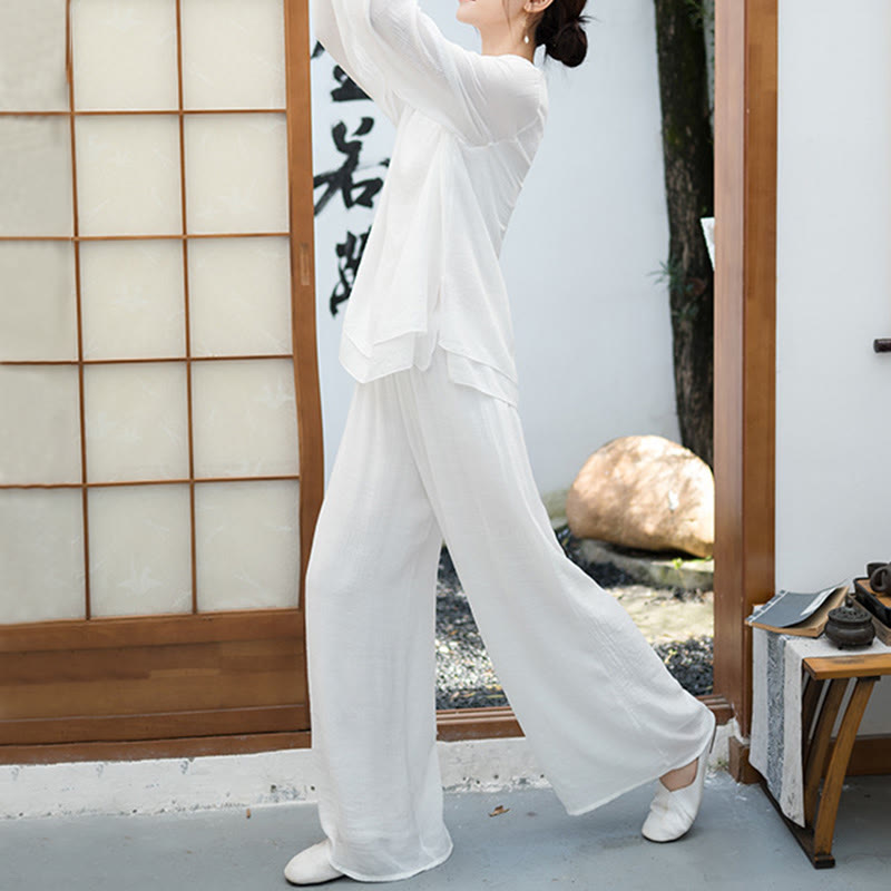 Buddha Stones 2Pcs White Long Sleeve V-Neck Shirt Wide Leg Pants Meditation Women's Set - image 3