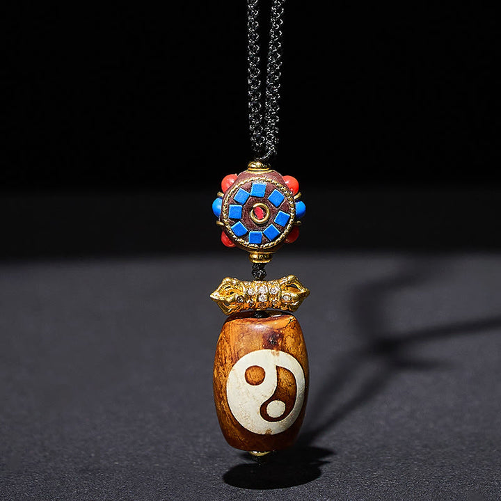 Buddha Stones Tibetan Yin Yang Bagua Design Nine-eye Dzi Agate Blessing Necklace Pendant - Agate - image 0