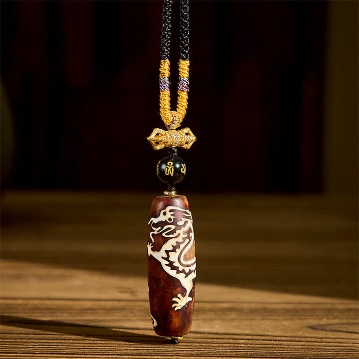Buddha Stones Tibetan Agate Dragon Pattern Nine-eye Dzi Protection Necklace Pendant - Agate - image 0