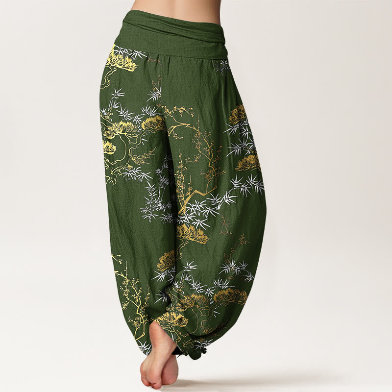 Buddha Stones Pure Cotton Pine Bamboo Plum Pattern Women's Elastic Waist Harem Pants - image 6