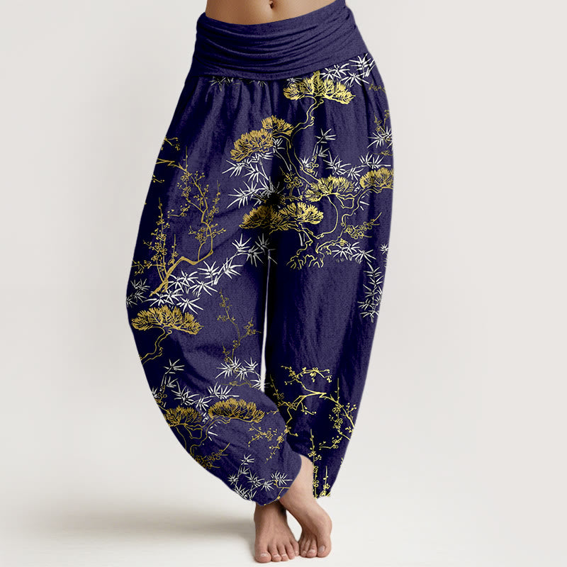 Buddha Stones Pure Cotton Pine Bamboo Plum Pattern Women's Elastic Waist Harem Pants - MidnightBlue - US16，UK/AU20，EU48 (3XL) - image 8