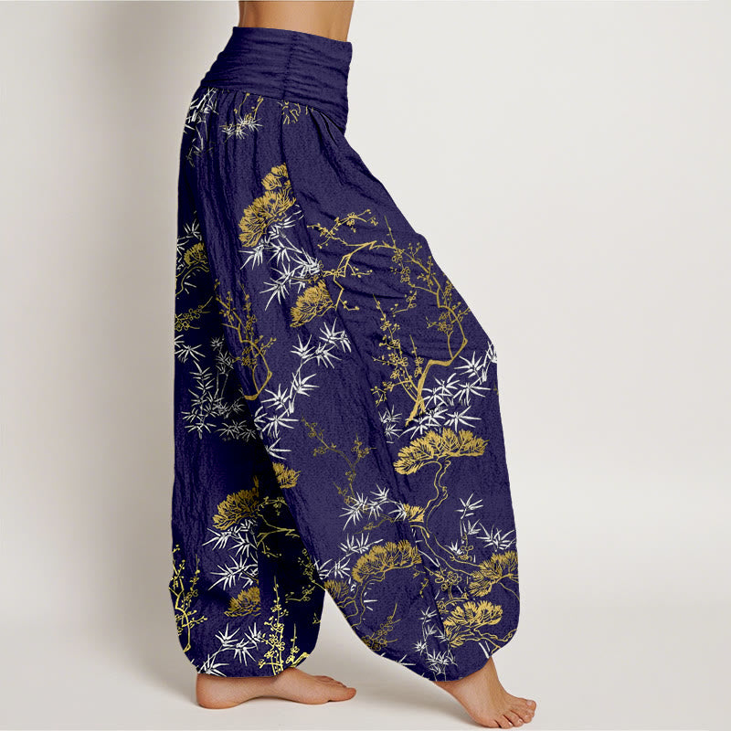 Buddha Stones Pure Cotton Pine Bamboo Plum Pattern Women's Elastic Waist Harem Pants - image 10
