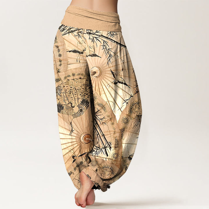 Buddha Stones Pure Cotton Umbrella Crane Bamboo Pattern Women's Elastic Waist Harem Pants - image 1