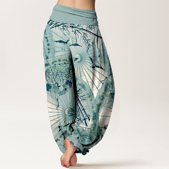 Buddha Stones Pure Cotton Umbrella Crane Bamboo Pattern Women's Elastic Waist Harem Pants - image 9