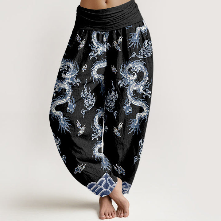Buddha Stones Pure Cotton Dragon And Cloud Pattern Women's Elastic Waist Harem Pants - Black - US16，UK/AU20，EU48 (3XL) - image 5
