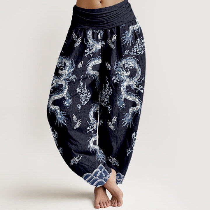Buddha Stones Pure Cotton Dragon And Cloud Pattern Women's Elastic Waist Harem Pants - Navy - US16，UK/AU20，EU48 (3XL) - image 8