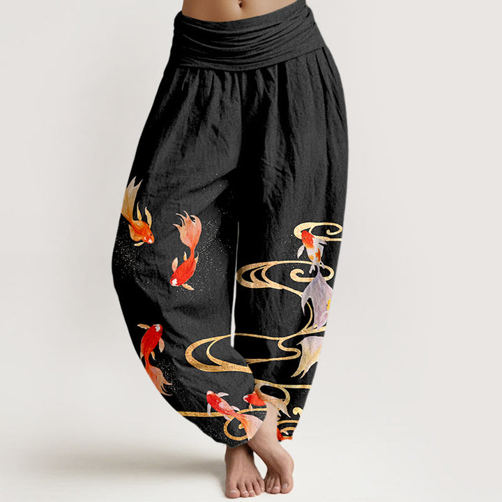 Buddha Stones Pure Cotton Koi Fish Koi Water Ripples Pattern Women's Elastic Waist Harem Pants - Black - US16，UK/AU20，EU48 (3XL) - image 0