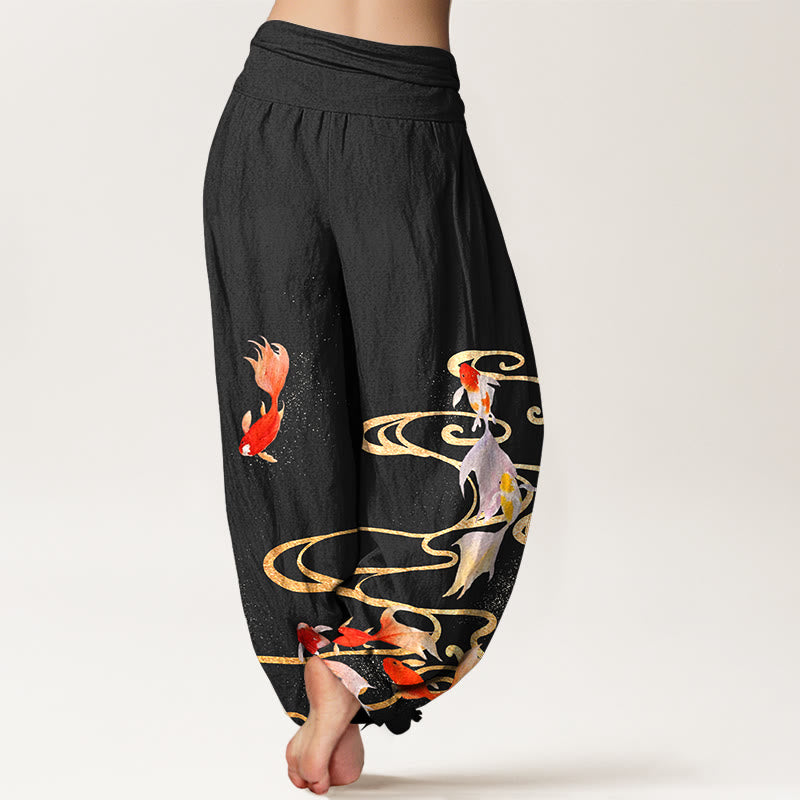 Buddha Stones Pure Cotton Koi Fish Koi Water Ripples Pattern Women's Elastic Waist Harem Pants - image 1