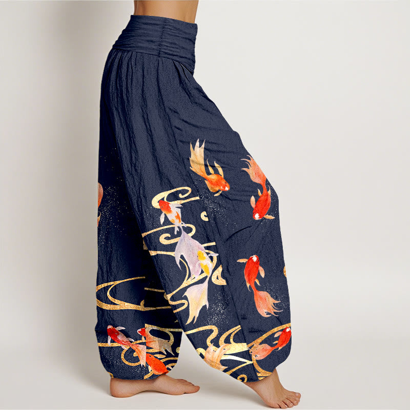 Buddha Stones Pure Cotton Koi Fish Koi Water Ripples Pattern Women's Elastic Waist Harem Pants - image 7