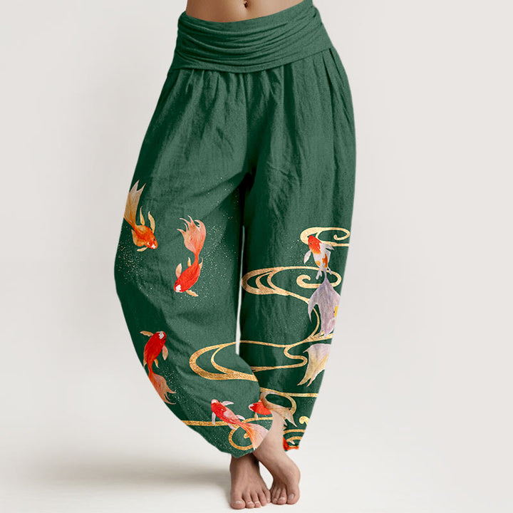 Buddha Stones Pure Cotton Koi Fish Koi Water Ripples Pattern Women's Elastic Waist Harem Pants - Green - US16，UK/AU20，EU48 (3XL) - image 8