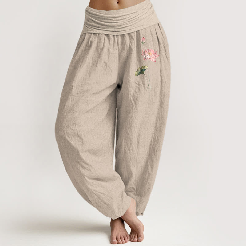 Buddha Stones Pink Lotus Flower Lotus Leaves Pattern Women's Elastic Waist Harem Pure Cotton Pants - Tan - US16，UK/AU20，EU48 (3XL) - image 11