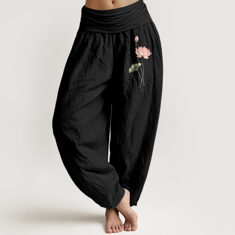 Buddha Stones Pink Lotus Flower Lotus Leaves Pattern Women's Elastic Waist Harem Pure Cotton Pants - Black - US16，UK/AU20，EU48 (3XL) - image 5