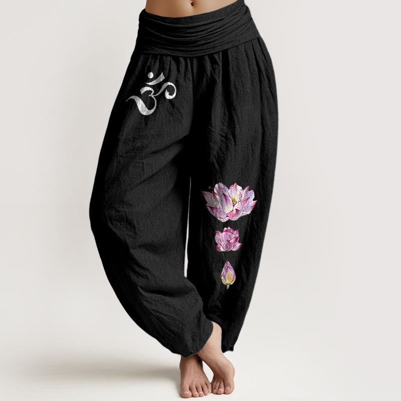 Buddha Stones Blooming Lotus Om Symbol Pattern Women's Elastic Waist Harem Pure Cotton Pants - Black - US16，UK/AU20，EU48 (3XL) - image 0