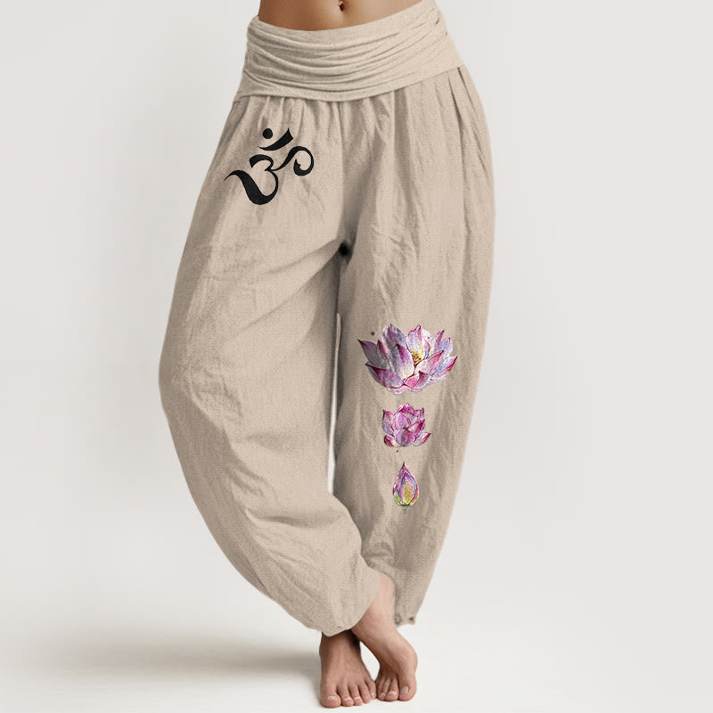 Buddha Stones Blooming Lotus Om Symbol Pattern Women's Elastic Waist Harem Pure Cotton Pants - Tan - US16，UK/AU20，EU48 (3XL) - image 11