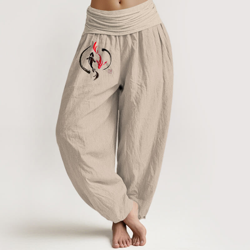 Buddha Stones Yin Yang Koi Fish Design Women's Elastic Waist Harem Pure Cotton Pants - Tan - US16，UK/AU20，EU48 (3XL) - image 0