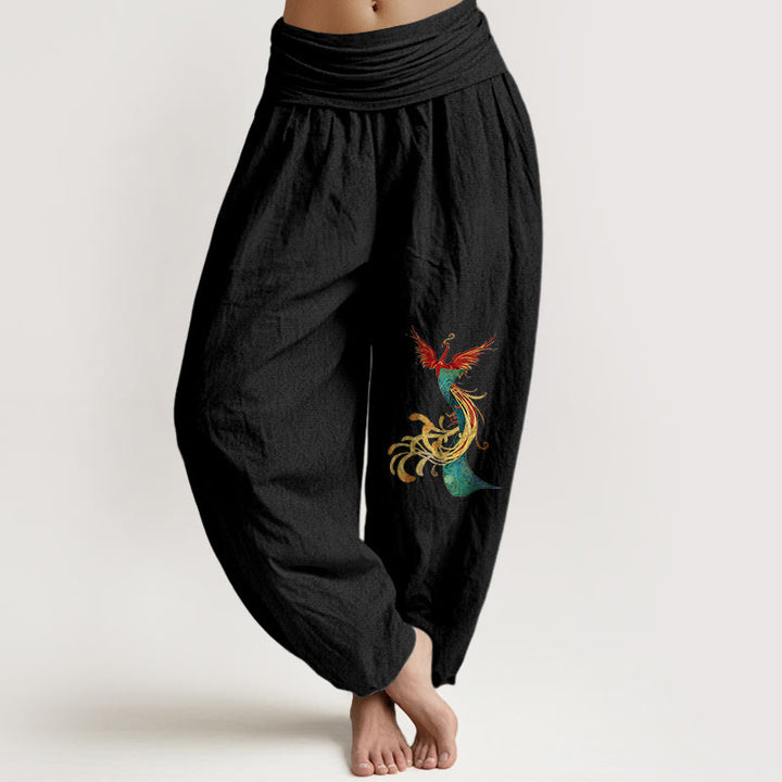 Buddha Stones Women's Pure Cotton Colored Phoenix Pattern Elastic Waist Harem Pants - Black - US16，UK/AU20，EU48 (3XL) - image 0
