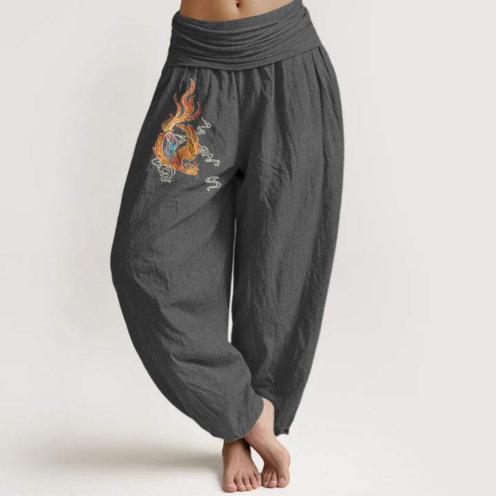 Buddha Stones Women's Pure Cotton Phoenix Auspicious Cloud Pattern Elastic Waist Harem Pants - DimGray - US16，UK/AU20，EU48 (3XL) - image 8