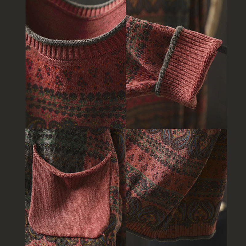 Buddha Stones Fall Plant Floral Pattern Crew Neck Long Sleeve Women's Cotton Sweater With Pocket - image 12