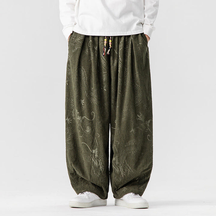 Buddha Stones Winter Dragon Phoenix Pattern Cotton Corduroy Men's Harem Pants With Pockets - DarkOliveGreen - US/UK/AU46，EU56 (5XL) - image 1