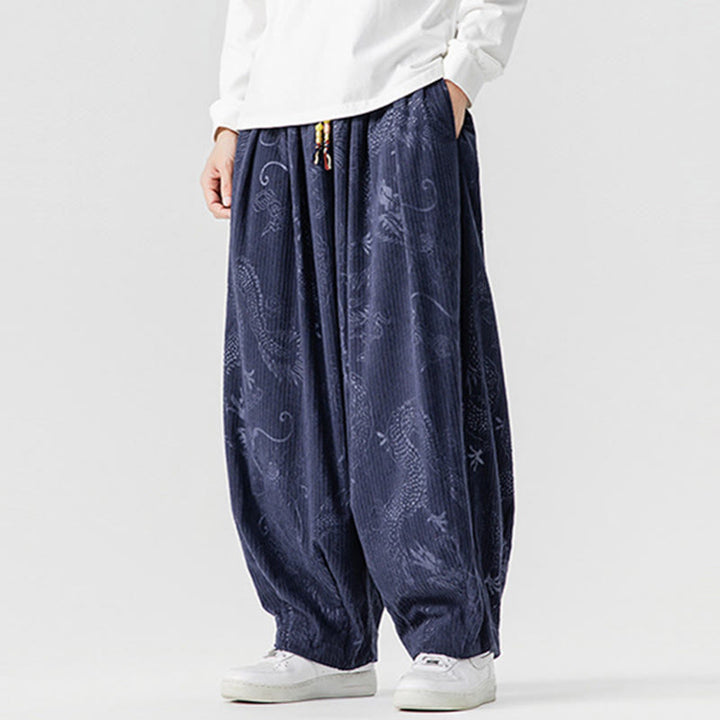 Buddha Stones Winter Dragon Phoenix Pattern Cotton Corduroy Men's Harem Pants With Pockets - image 18
