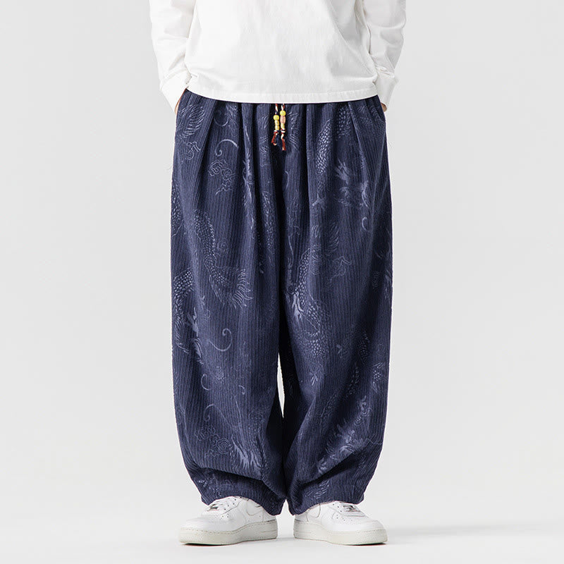Buddha Stones Winter Dragon Phoenix Pattern Cotton Corduroy Men's Harem Pants With Pockets - DarkSlateBlue - US/UK/AU46，EU56 (5XL) - image 16