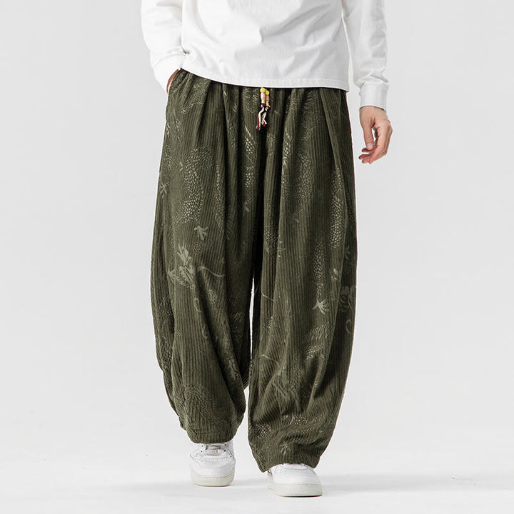 Buddha Stones Winter Dragon Phoenix Pattern Cotton Corduroy Men's Harem Pants With Pockets - image 0